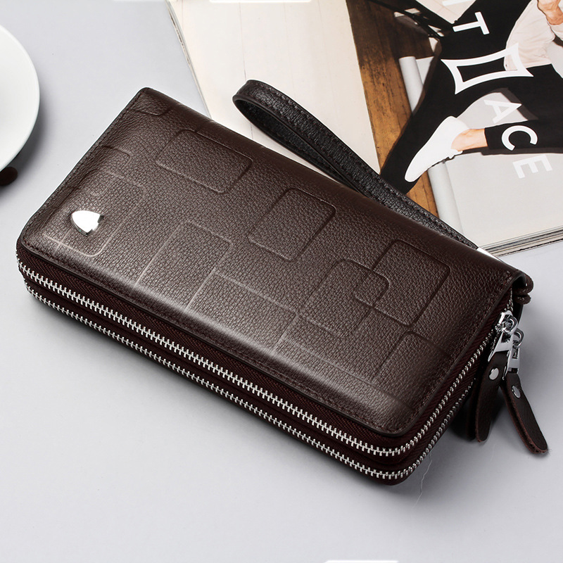 Men's Wallet Long Zipper Clutch Cowhide Geometric Cell Phone Bag Casual Small Clutch Male